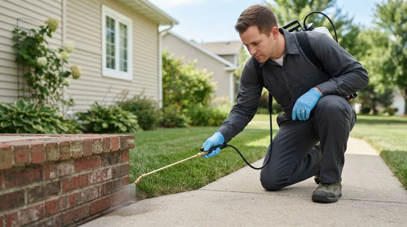 Pest control technician treating a home near Essex, MO
