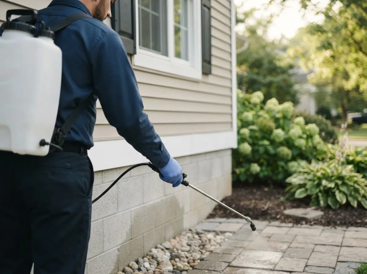Pest control technician inspecting a home in Essex, MO